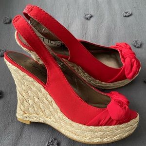 Moda Spana red peep toe bow trim woven jute wedge heel sandals espadrilles 6.5